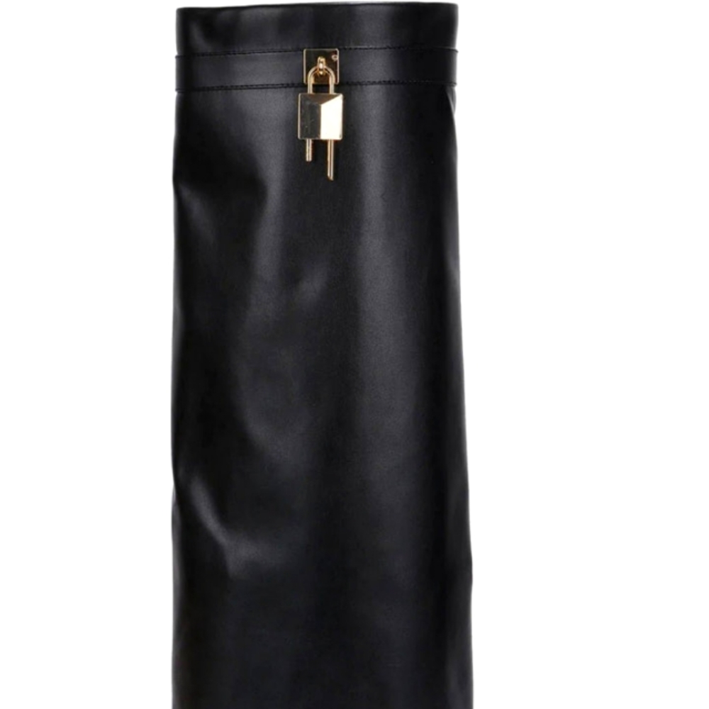 PADLOCK DETAIL WEDGE HEEL KNEE HIGH LONG BOOT LEATHER
